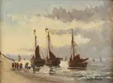 Jur. M. Beek, Bomschuiten bij strand, Olieverf op linnen