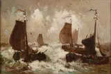 J.H. Verbeek, Bomschuiten op Noordzee bij Zandvoort, Olieverf op linnen