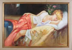 R. Seresi, Slapend meisje, Olieverf op linnen