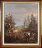 Korhoenders in landschap by Onduid. gesig., Olieverf op linnen, offered Apr 2019