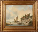 A. Schaap, Hollands havengezicht met figuren, Olieverf op linnen