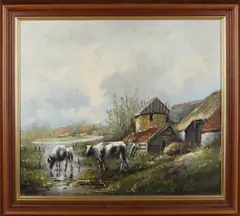 F.A. van Mourik, Landschap met boerderij en koeien, Olieverf op linnen