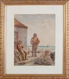 Monogram M.P., Vissers aan de kade, Aquarel op papier