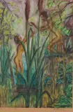 Curt Heinrich '69, Naakte figuren bij waterpartij, Pastel op papier