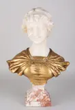 Antieke marmeren buste, 1880, Antiek Frans marmeren damesbuste met brons verguld kleed, hoofd wit Carrara marmer
