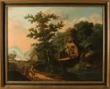 Ongesigneerd? 19e Eeuw, Berglandschap met vakwerkhuis, Olieverf op linnen