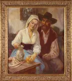 Man en vrouw in taveerne by G of C. Heymans, Olieverf op linnen, offered Jan 2019