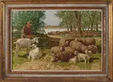 J. Strahn, Schaapsherder met schapen op dijk, Olieverf op linnen