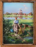 Johan Miedema, Hollands zomers landschap met melkmeisje, Olieverf op tegel