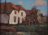 H. van Leeuwen - van Oudewater, Boeren achterhof, Olieverf op paneel