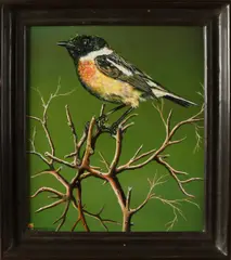 F. Trümper, Zangvogel op tak, 2002, Olieverf op paneel