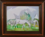 R. Hinze, Drie grazende paarden, Olieverf op linnen