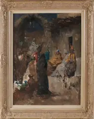 Evert-Jan Ligtelijn, Oosterse straat met figuren, Olieverf op paneel