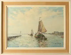 Arnout van Gilst, Platbodems richting meer, Oileverf op linnen