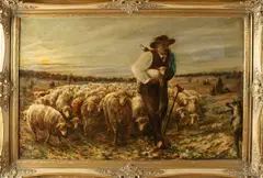 M. Lamprecht, Schaapsherder met kudde, Olieverf op paneel
