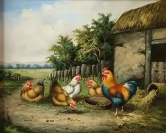 N. Winston, Hoenderhof met kippen, Olieverf op paneel