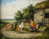 N. Winston, Hoenderhof met kippen, Olieverf op paneel