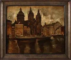 J. Vincken, Grachtgezicht A'dam met stoomboten, Olieverf op paneel