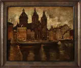 J. Vincken, Grachtgezicht A'dam met stoomboten, Olieverf op paneel