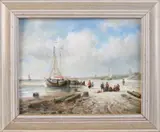 H. Balman, Strandgezicht met bomschuiten en vissersvolk, Olieverf op paneel