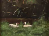 J. van Moer, Eenden aan de waterkant, Olieverf op paneel