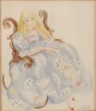 Monogram Li. A., Poppige vrouw in stoel, Aquarel op papier