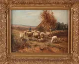 Piet Bouter, Landschap met coming sheep, Olieverf op linnen