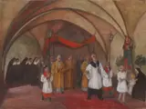 Kuhlmeyer. gesign., Religieus, Kuhlmeyer duitse school kerkelijke processie olieverf op linnen 1e helft 20e eeuw