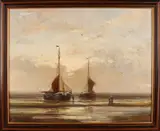 John Henry Parker, Bomschuiten met vissersvolk op strand, Olieverf op linnen