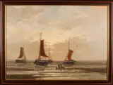 John Henry Parker, Bomschuiten met vissersvolk op strand, Olieverf op linnen