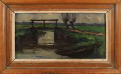 Gerard Post Greve, Landschap met boot en brug, Olieverf op paneel