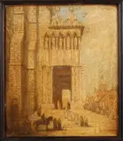 Jacobus Cornelis Wyand Cossaar, Figuren bij kerk, Olieverf op linnen