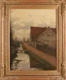 C.M. Garms, Beekje langs boerenhuis, Olieverf op linnen