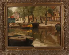 Kees Terlouw, Hollandse gracht met boten, Olieverf op linnen