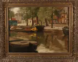 Kees Terlouw, Hollandse gracht met boten, Olieverf op linnen