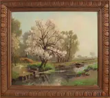Bloesemboom langs beek by G.F. van Schagen, Olieverf op linnen, offered Oct 2018