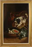 J.M. Kagchelland? Stilleven, blaffende hond, Olieverf op linnen