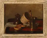 Jacob Simon Hendrik Kever, Stilleven met vijzel, brood, kaas en aardewerk, Olieverf op linnen