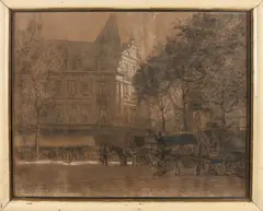 Louis Soonius, Stadsgezicht met koetsen en figuren, 1923, Stadsgezicht met koetsen en figuren