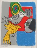 Guilliaume Corneille '99, Vrouw met twee vogels, Lithografie op papier