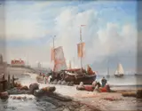 H. Balman, Bomschuiten met vissersvolk op strand, Olieverf op paneel