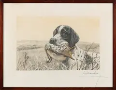 Léon Danchin, Jachthond met patrijs, Ingekleurde ets op papier