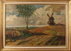 Onduidelijk gesign., Landschap met molen en berkenbomen, Olieverf op linnen