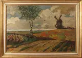 Onduidelijk gesign., Landschap met molen en berkenbomen, Olieverf op linnen