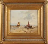 H. Balman, Vissersboot en vissersvolk op strand, Olieverf op paneel