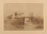 J.M. Vrolijk, Kalveren voor houten bruggetje, Sepia op papier