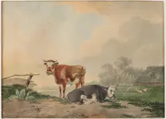 Monogram J.P.K. de J, Landschap met koeien, 1856, Aquarel op papier