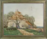 H. van Lerven? Boerderij, fruitboom en boerin, Olieverf op linnen