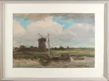 Anton Dirckx, Poldergezicht met windmolens..., Aquarel op papier