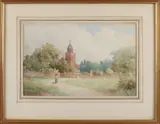 S. Bonkers?, Dame met parasol bij dorp, Aquarel op papier